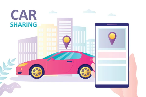 Smartphone Aplikací Carsharing Moderní Vozidlo Navigační Systém Online Pronájem Nebo — Stockový vektor