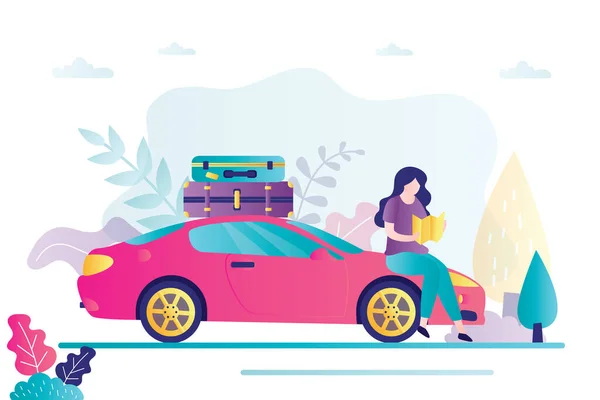 漂亮的女旅行家手里拿着地图 走在路上 坐着一辆装有行李的现代汽车 旅行时间横幅 女性角色和时尚风格的车辆 平面矢量图解 — 图库矢量图片