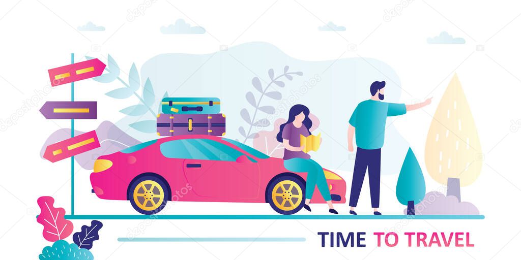 Couple of travelers, route planning, modern car with luggage. Navigation in trip, road signs. Vacation, travel time banner. Female and male characters, vehicle in trendy style.Flat Vector illustration
