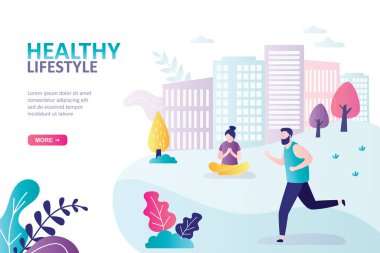 Sağlıklı yaşam tarzının sayfa şablonu. Erkek karakter dışarıda koşuyor. Park 'ta yoga yapan bir kadın. Sağlık, spor ve egzersiz kavramı. Sayfa ya da web sitesi. Düz vektör illüstrasyonu