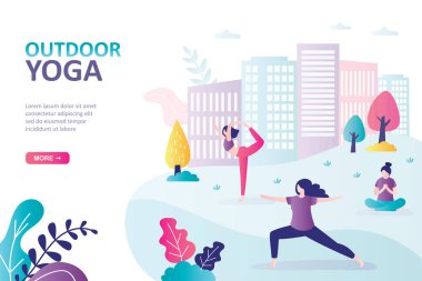 Parkta yoga yapan kadın karakterler. Spor giyim bölümünde yoga yapan bir grup genç kadın. Açık hava fitness sınıfı, spor ve spor. Tema sağlıklı yaşam tarzına giriş sayfası. Düz vektör illüstrasyonu