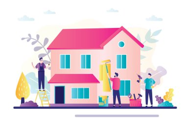 Ev yenileme pankartı. Erkekler evi onarır. Yenileme ve yeniden inşa binası. Ustabaşı ve işçiler. İşçi, inşaat işçisi, modaya uygun bir karakter. Düz vektör illüstrasyonu