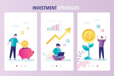 Mobil uygulama için üç sayfalık şablon seti. Yatırım stratejileri, iş adamı yatırımları ve kâr. Banka mevduatı ya da döviz. Başarılı bir yatırımcı. Düz vektör illüstrasyonu