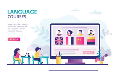 Hildren masalarda oturup yabancı dil eğitimi alıyor. Çevrimiçi eğitim, kurslar ve bilgi kavramı. Bilgisayar ekranında öğretmen anketleri. İniş sayfası şablonu.