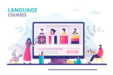 İnsanlar dizüstü bilgisayarda yabancı diller öğreniyor. Öğretmenlerin profillerini inceleyen kadın karakter. Çevrimiçi eğitim ve dil kursları kavramı. Moda tarzında pankart. Düz vektör illüstrasyonu