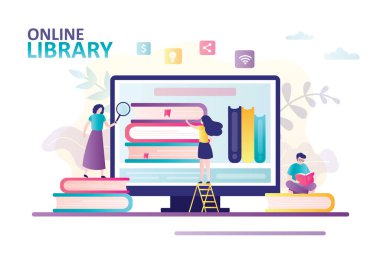 Kadınlar bilgisayar ekranında kitap seçerler. Çizgi filmci adam kitap okur. Çevrimiçi kütüphane, kitap ve web arşivi kavramı. Yeni teknoloji ve edebiyat temalı pankart. Moda biçimi düz vektör çizimi