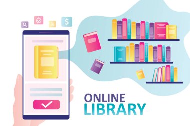 Ekranda e-kitap olan akıllı telefonları elinde tut. Farklı kitaplarla dolu kitaplıklar. Yeni teknoloji ve online kütüphane kavramı. Kitap okumak ve indirmek için uygulamalar. Düz vektör illüstrasyonu