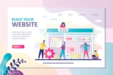 İnsanlar web sitesi yapıyor. Takım çalışması, web tasarımı ve geliştirme kavramı. Web geliştiricileri takımı web sitesi için kişisel kullanıcı hesabı veya yerleşimi oluşturur. İniş sayfası şablonu. Düz vektör illüstrasyonu