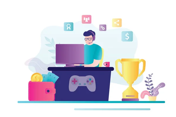 Erkek karakter evde esportlardan para kazanıyor. Cybersport oyuncusu bilgisayar oyunlarında oynar. Rekabet kavramı, siber spor ve profesyonel oyuncu. Moda tarzında pankart. Düz vektör illüstrasyonu