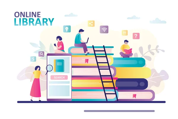Akıllı telefondan kitap arayan bir kadın karakter. Çevrimiçi öğrenme, web arşivi ve edebiyat kavramı. Çizgi filmciler internetten kitap okurlar. Medya kütüphanesinde dijital kültür. Düz vektör illüstrasyonu