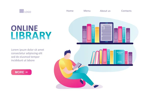 Knappe Man Die Stoel Zit Book Leest Online Bibliotheek Landing — Stockvector