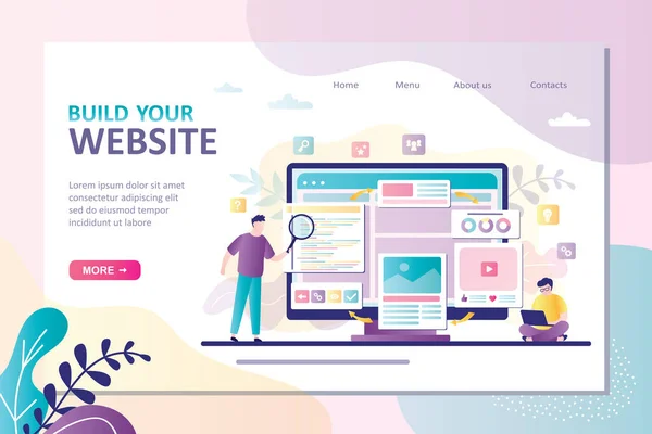 İş ekibi web sitesini kurup optimize ediyor. İnşaat ve geliştirme web sayfası kavramı. Erkek karakter dizüstü bilgisayardaki yeni siteyi kodluyor ya da programlıyor. İniş sayfası şablonu. Düz vektör illüstrasyonu