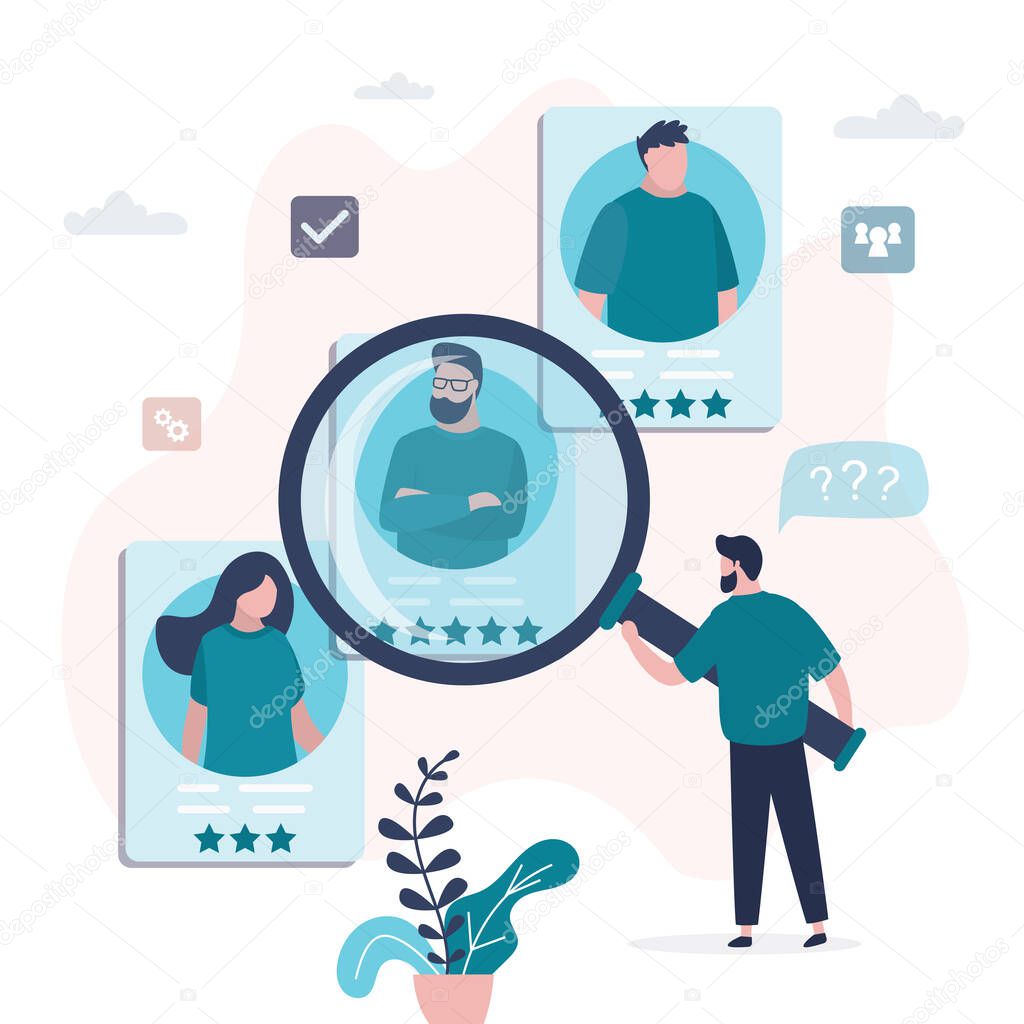 Various resumes of people candidates. CV of job seekers. Businessman use magnifying glass and chooses workers and hires. Skills assessment, quality of professional training. Flat vector illustration