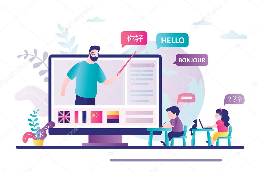 Native speaker teaches children foreign languages online. Children studying new language on courses. Kids speaking club. Word HELLO in different languages. Learning technology. Vector illustration