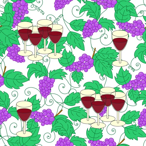 Patrón sin costura con uvas y copa de vino . — Archivo Imágenes Vectoriales