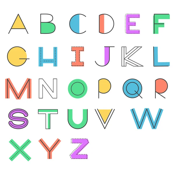 Alphabet moderne. Lettres linéaires et formes de couleur . — Image vectorielle