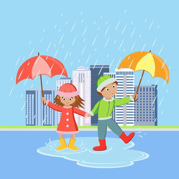 Copii cu umbrele în ploaie — Vector de stoc