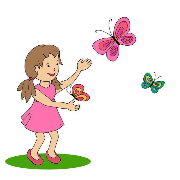 快乐的小女孩与蝴蝶 — 图库矢量图片