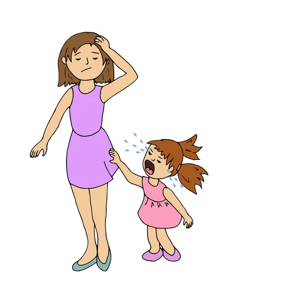 Madre estresada y niña llorando — Vector de stock