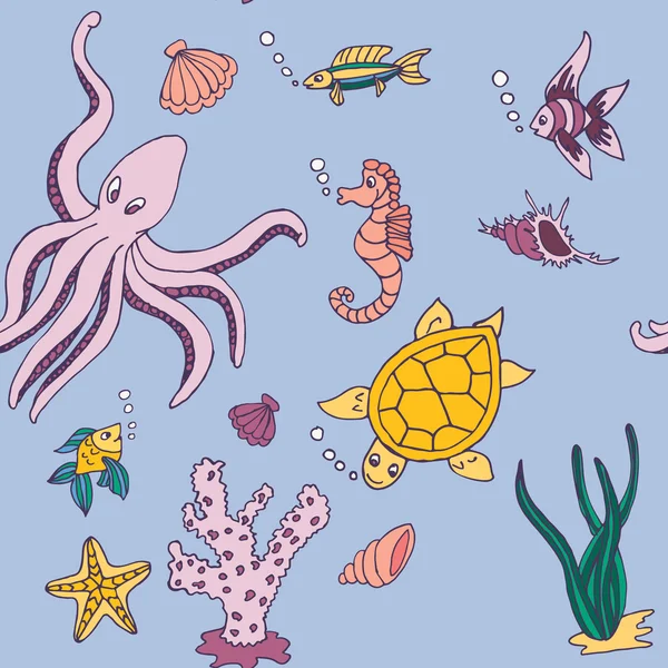 Бесшовный узор с красочными морскими существами — стоковый вектор