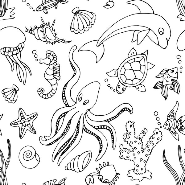 Hand drawn seamless pattern with different sea creatures