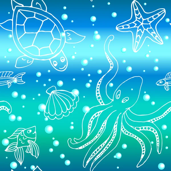 Patrón dibujado a mano con diferentes criaturas marinas — Vector de stock