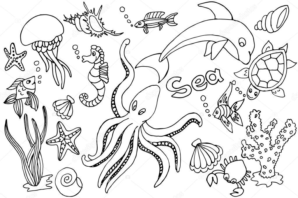 Hand draw set of different marina creatures