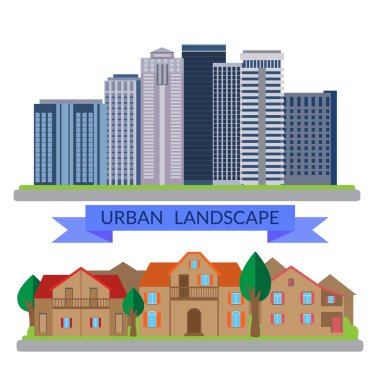 Düz illüstrasyon kentsel ve köy manzaraları