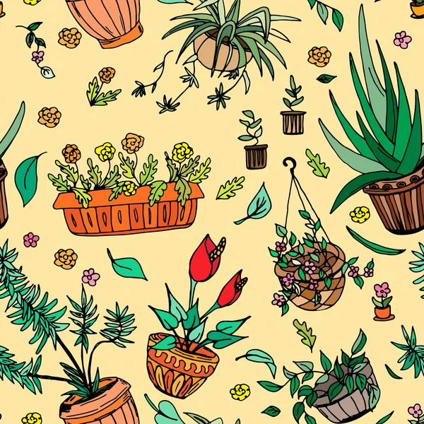 Pot plants seamless pattern, hand-drawn design elements — Stock Vector