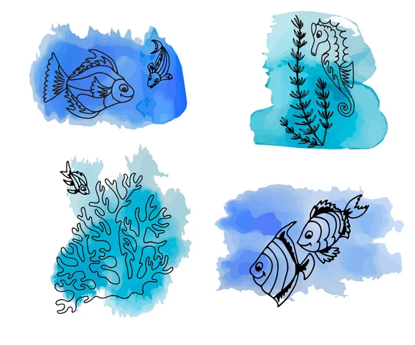 Jeu de dessin à la main de différentes créatures de marina — Image vectorielle