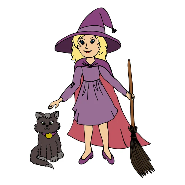 Kleines Mädchen im Hexenkostüm und schwarzer Katze — Stockvektor