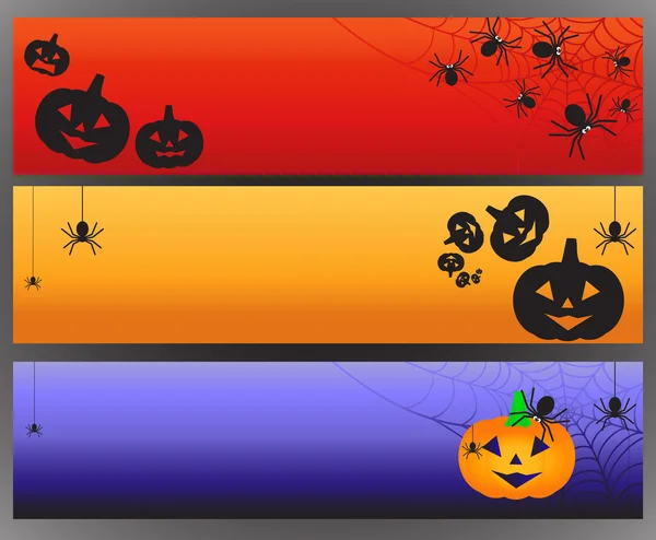 Drie vector Halloween banners met spin en spiderweb — Stockvector