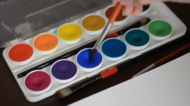 Brosse prenant aquarelle sur palette de couleurs . — Video