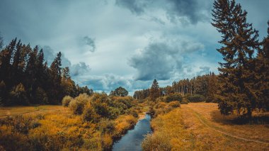 Nehir sonbahar ormanlarında akıyor.