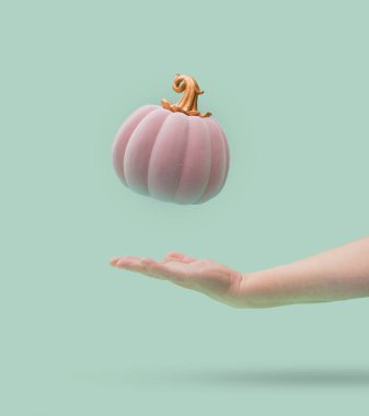 Pink halloween pumpkin with golden petiole falling into women arm. Green mint background. Minimal design. clipart