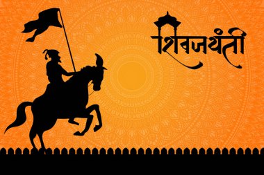 Hintçe (chhatrapati shivaji) illüstrasyonlu shivaji maharaj jayanti. Turuncu mandala ve shivaji maharaj ile siluette bayrak ile at üstünde tasarım.