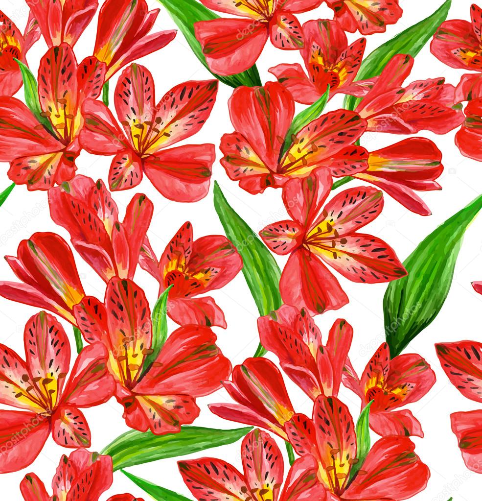 Vector seamless pattern with red watercolor alstroemeria flowers. Abstract floral texture.