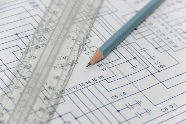 The scheme drawing, pencil and ruler. — Stock Photo, Image