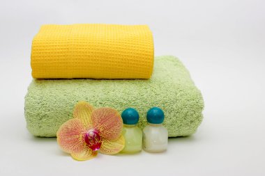 Havlu banyo ve şampuan.