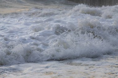 Sahile yakın beyaz deniz köpüğü, dalgalar.