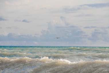 Günbatımının ışınlarında denizde fırtına büyük dalgalar, sprey