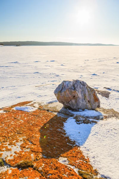 La grande pierre et la mousse orange sur la côte enneigée de la mer d'hiver Ba — Photo