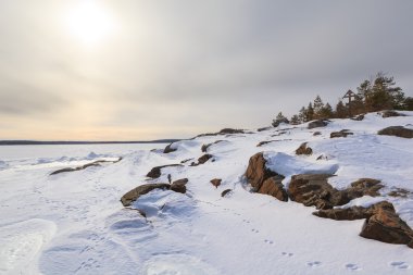 Kayalık sahil donmuş kış deniz. Barents Denizi.