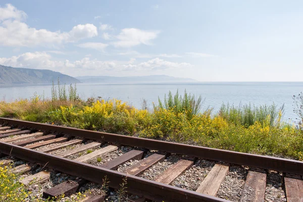 Baykal Gölü kıyısında demiryolu. 