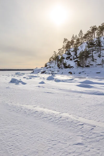 Costa rocciosa del mare invernale congelato. Mare di Barents . — Foto Stock