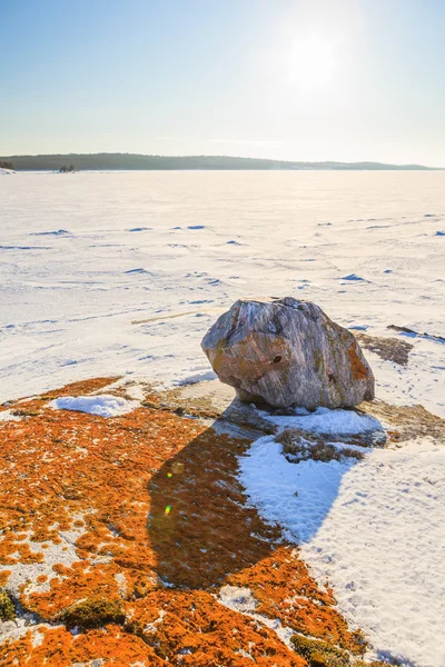 De grote steen en oranje mos op sneeuw kust van de winter zee Ba — Stockfoto