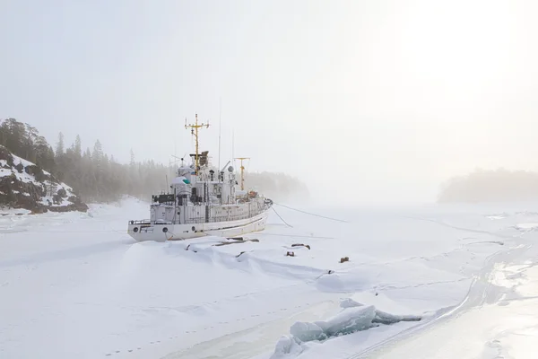 Donmuş buz içinde sisli bir kış Bay gemisiyle