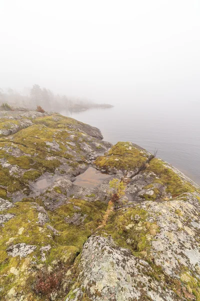 Fog on stony coast of lake.  spring landscape — Stock Photo, Image