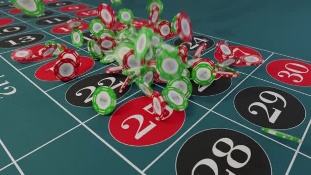 Les Jetons Casino Tombent Sur Roulette Jeu Table Baisse Gagner — Video