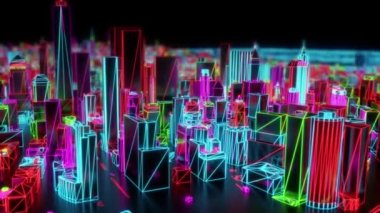 Şehrin neon ışıklı DOF modeli New York New York üstgeçidi kablo gökdeleni 80 'lerin 4K' sı.